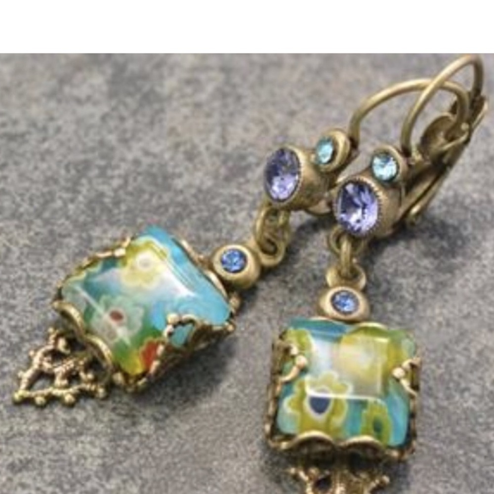 Millefiori Italian Glass Bead Antiqued Gold Earrings-Boutique